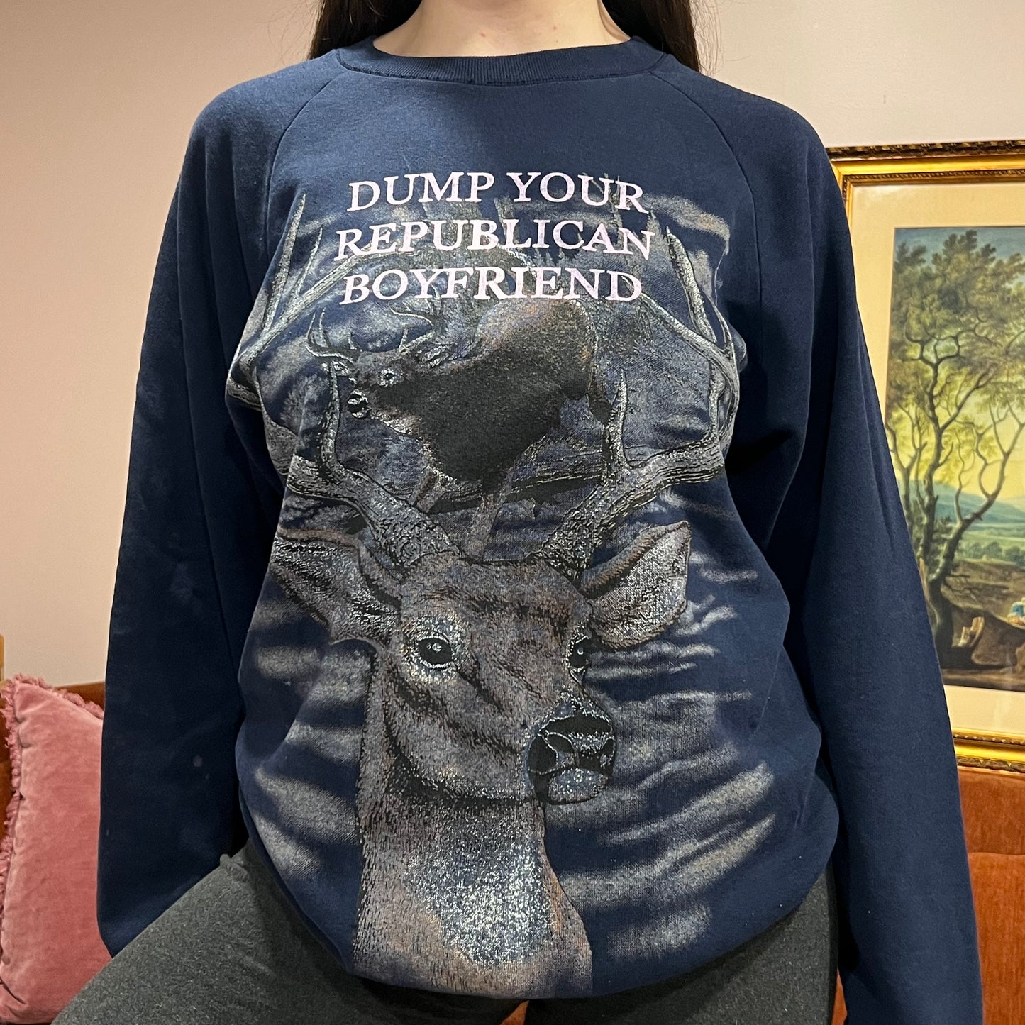 DUMP YOUR REPUBLICAN BOYFRIEND animal crewneck with pink text (L)
