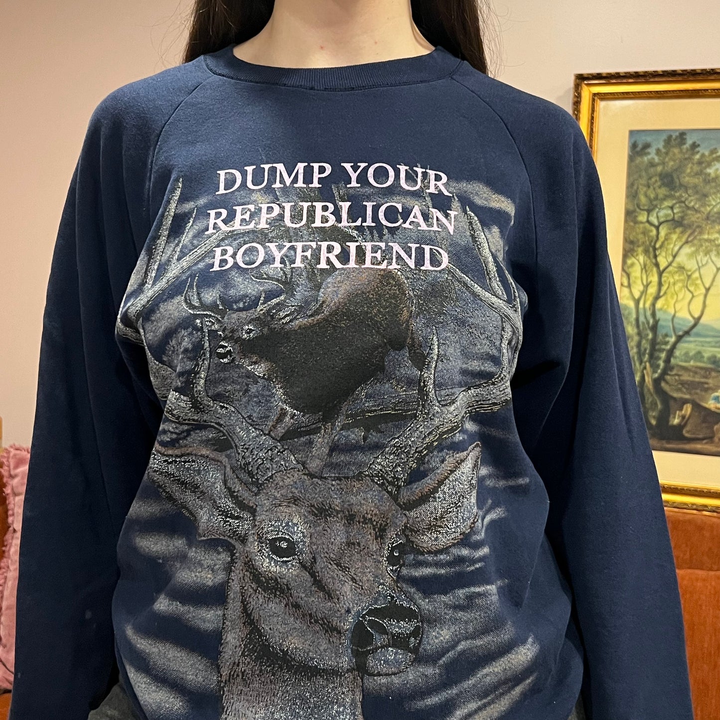 DUMP YOUR REPUBLICAN BOYFRIEND animal crewneck with pink text (L)