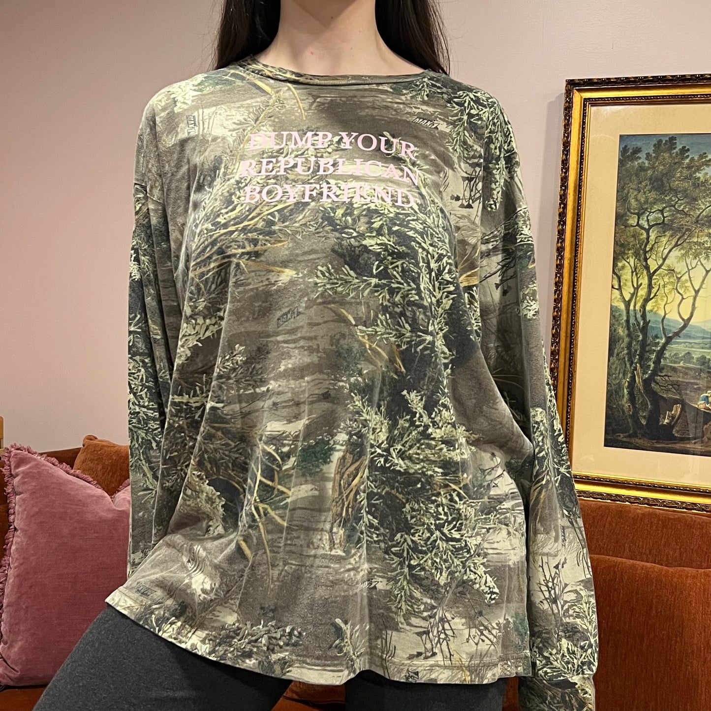 DUMP YOUR REPUBLICAN BOYFRIEND camo long sleeve t-shirt with pink text (2XL)