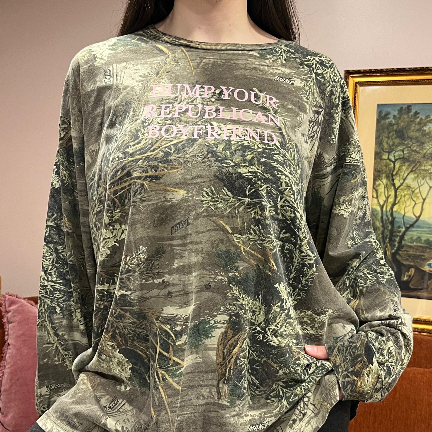 DUMP YOUR REPUBLICAN BOYFRIEND camo long sleeve t-shirt with pink text (2XL)