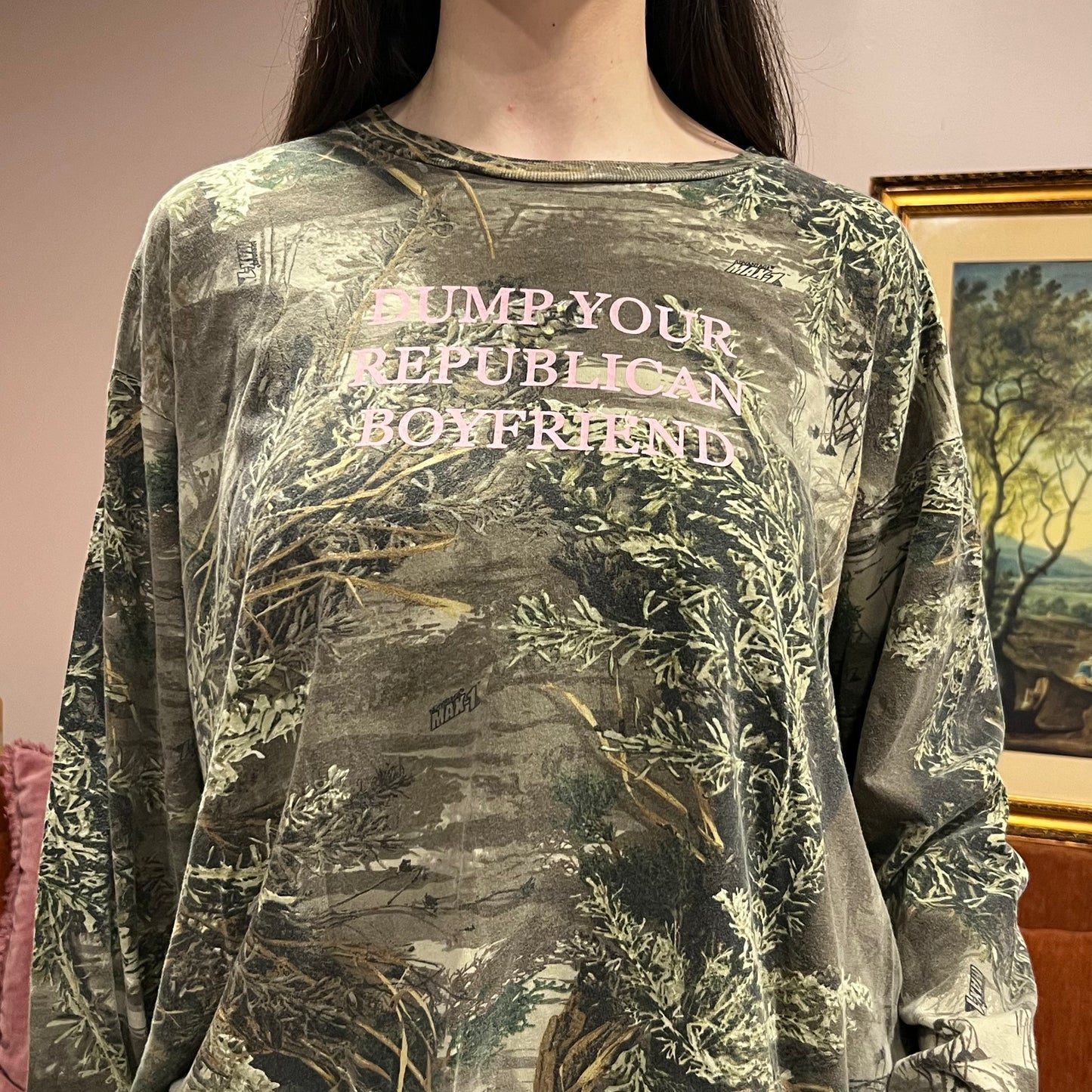 DUMP YOUR REPUBLICAN BOYFRIEND camo long sleeve t-shirt with pink text (2XL)