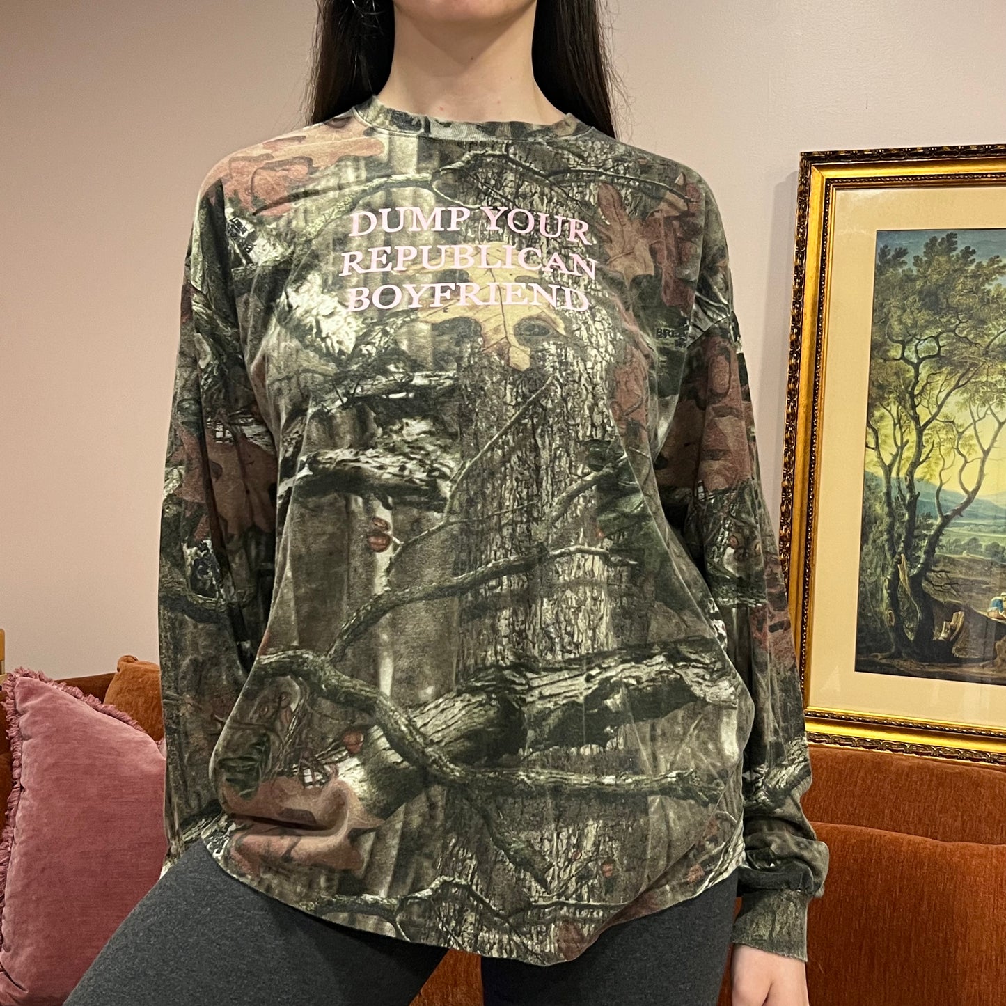 DUMP YOUR REPUBLICAN BOYFRIEND camo long sleeve t-shirt with pink text (XL)