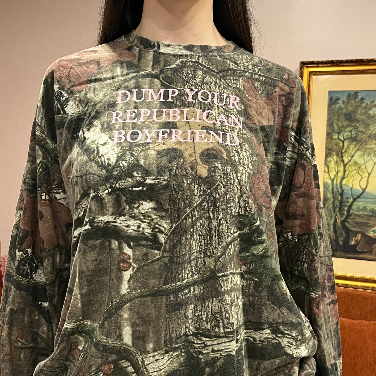 DUMP YOUR REPUBLICAN BOYFRIEND camo long sleeve t-shirt with pink text (XL)