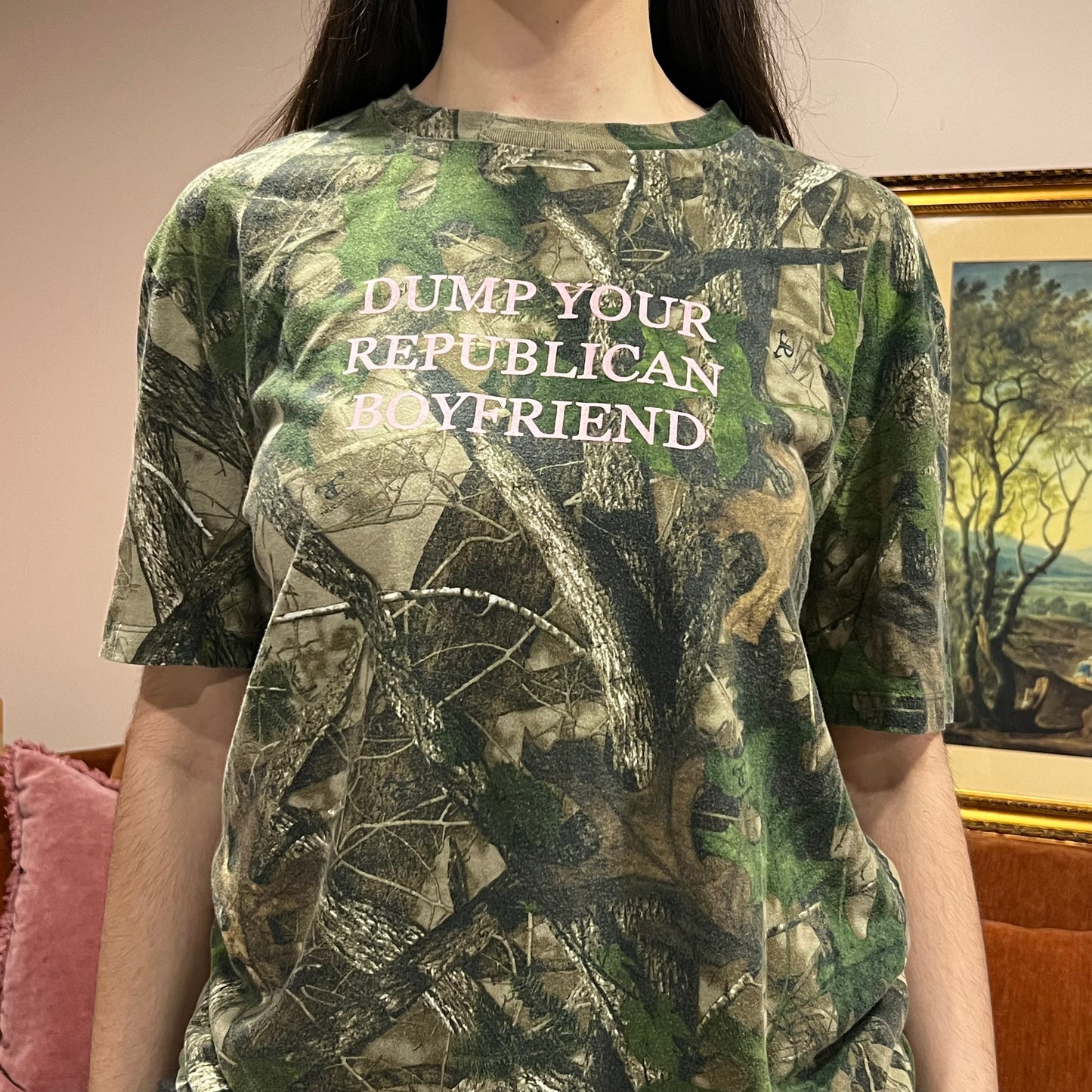 DUMP YOUR REPUBLICAN BOYFRIEND camo t-shirt with pink text (L)