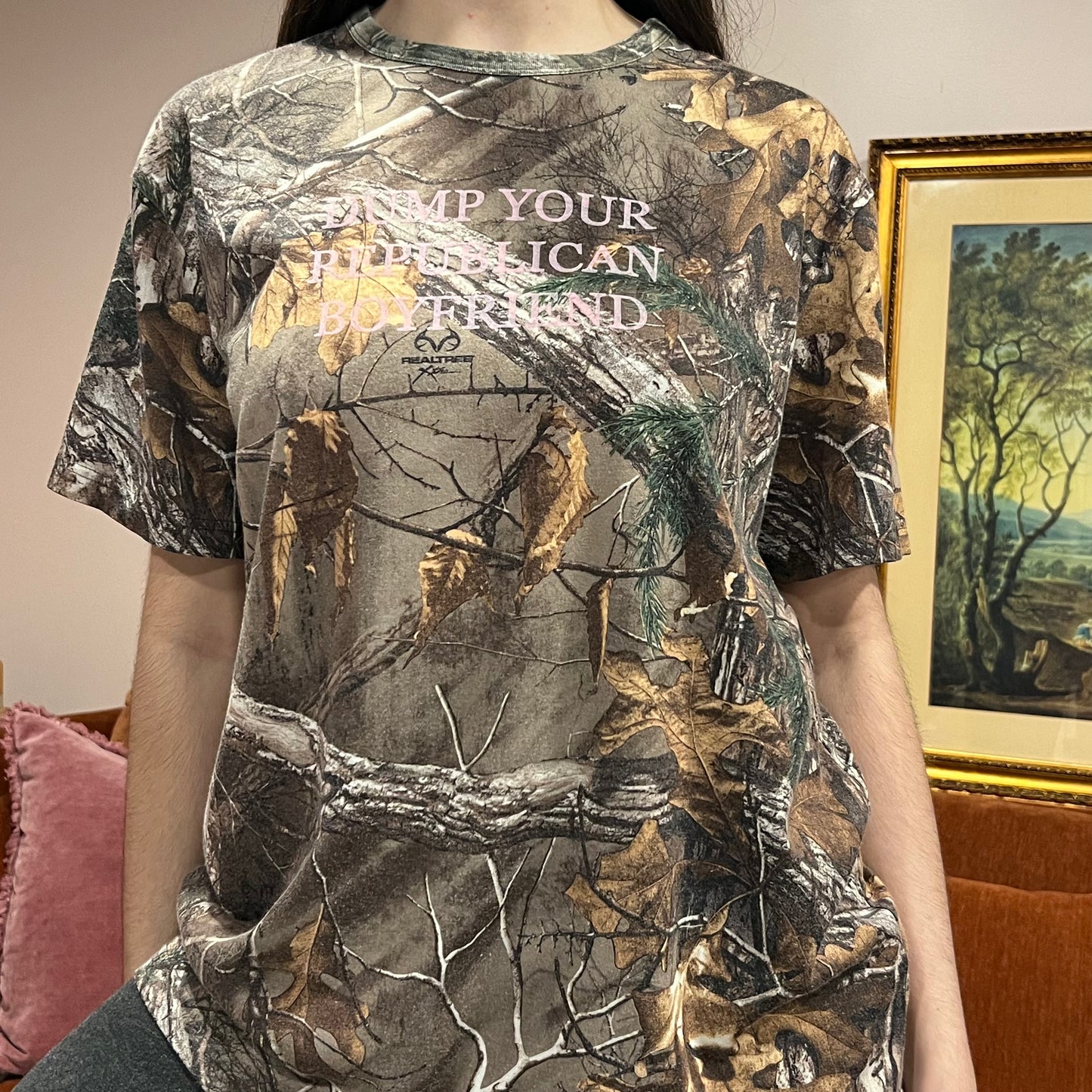DUMP YOUR REPUBLICAN BOYFRIEND camo t-shirt with pink text (L)
