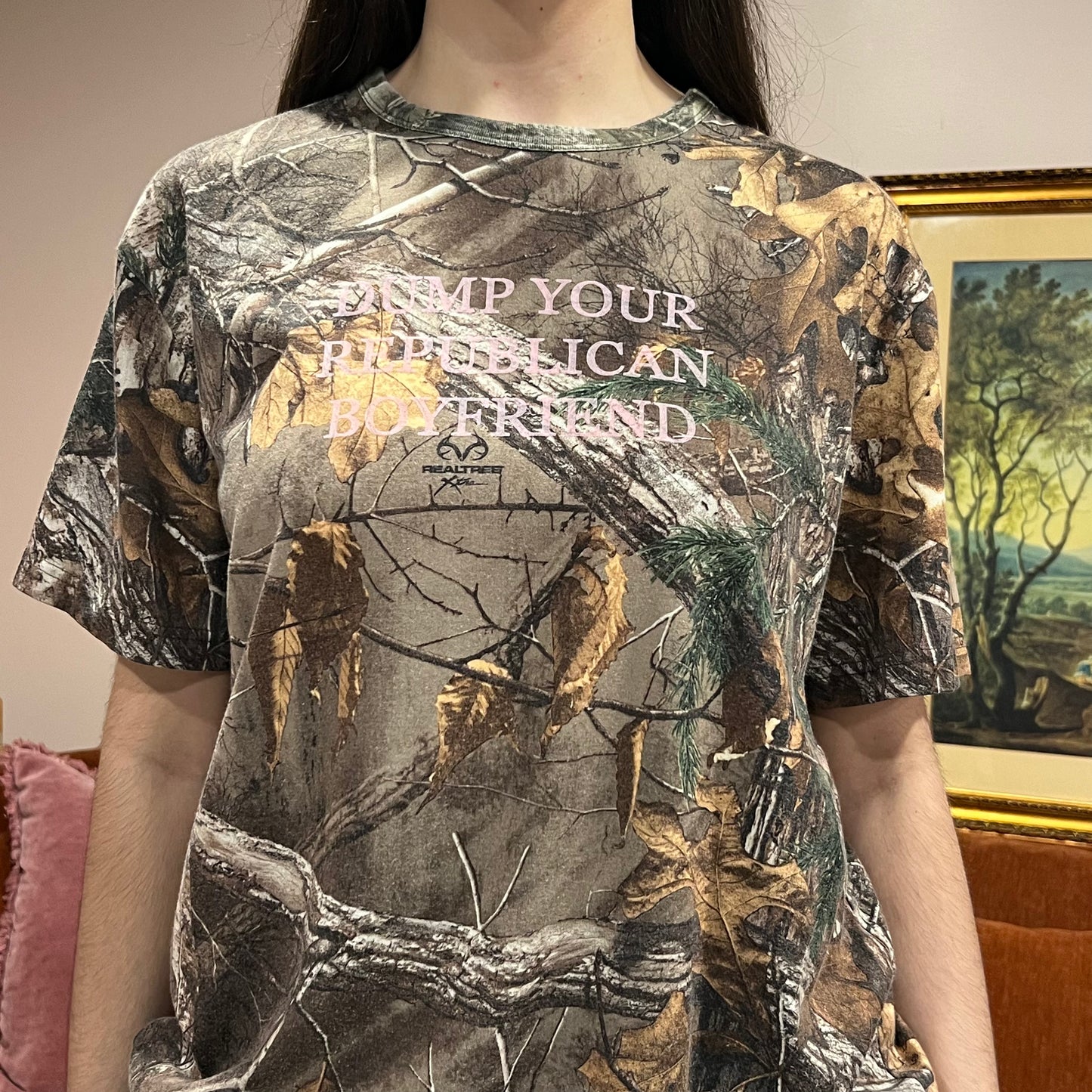 DUMP YOUR REPUBLICAN BOYFRIEND camo t-shirt with pink text (L)