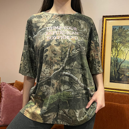 DUMP YOUR REPUBLICAN BOYFRIEND camo t-shirt with pink text (2XL)