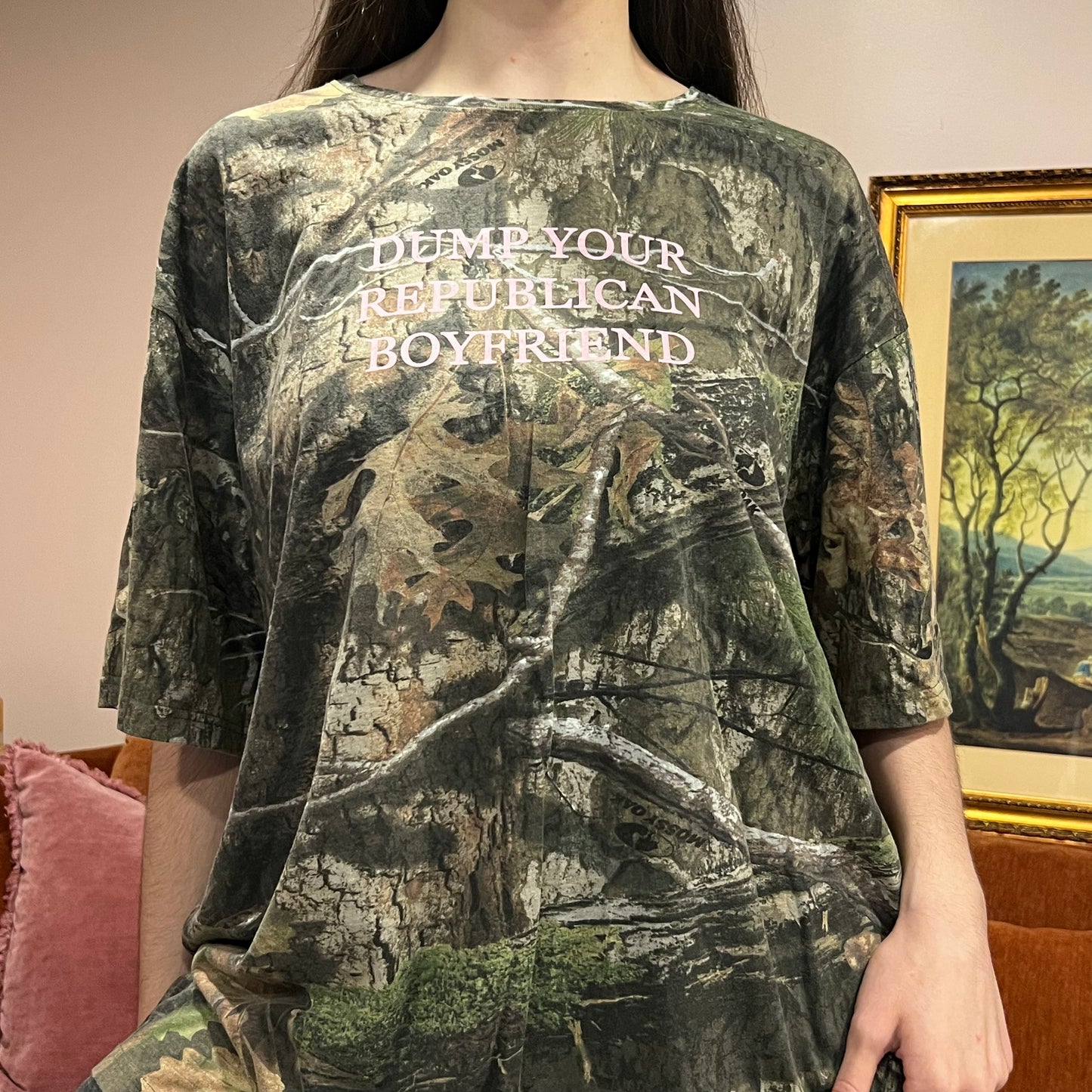DUMP YOUR REPUBLICAN BOYFRIEND camo t-shirt with pink text (2XL)