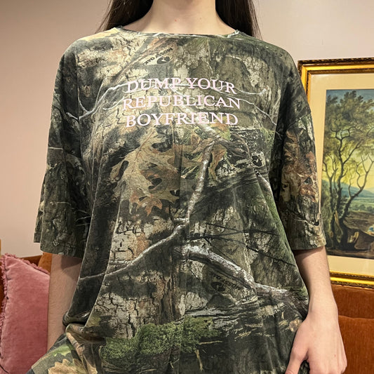 DUMP YOUR REPUBLICAN BOYFRIEND camo t-shirt with pink text (2XL)
