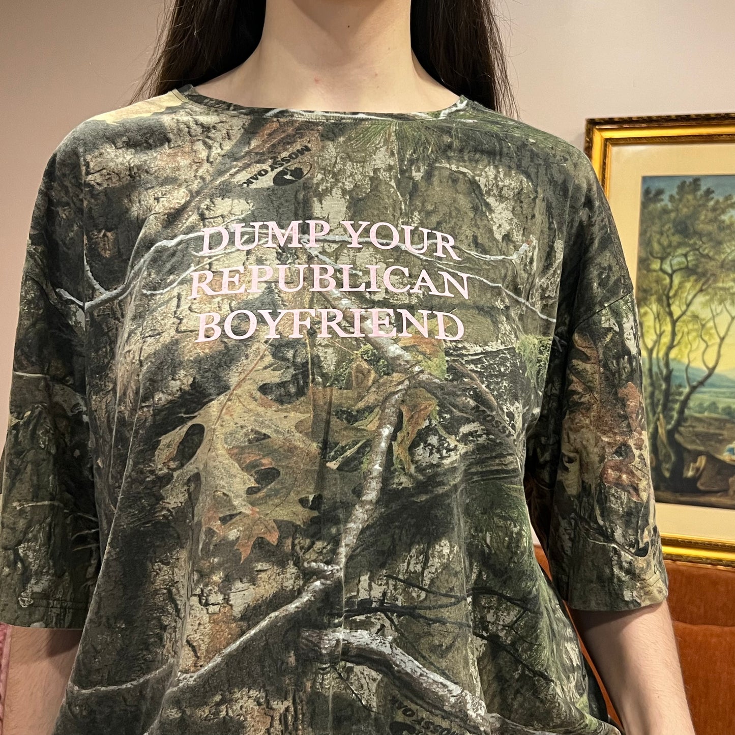 DUMP YOUR REPUBLICAN BOYFRIEND camo t-shirt with pink text (2XL)