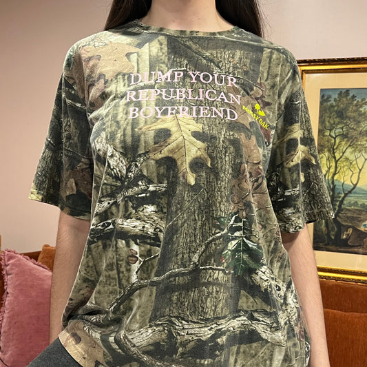 DUMP YOUR REPUBLICAN BOYFRIEND camo t-shirt with pink text (XL)