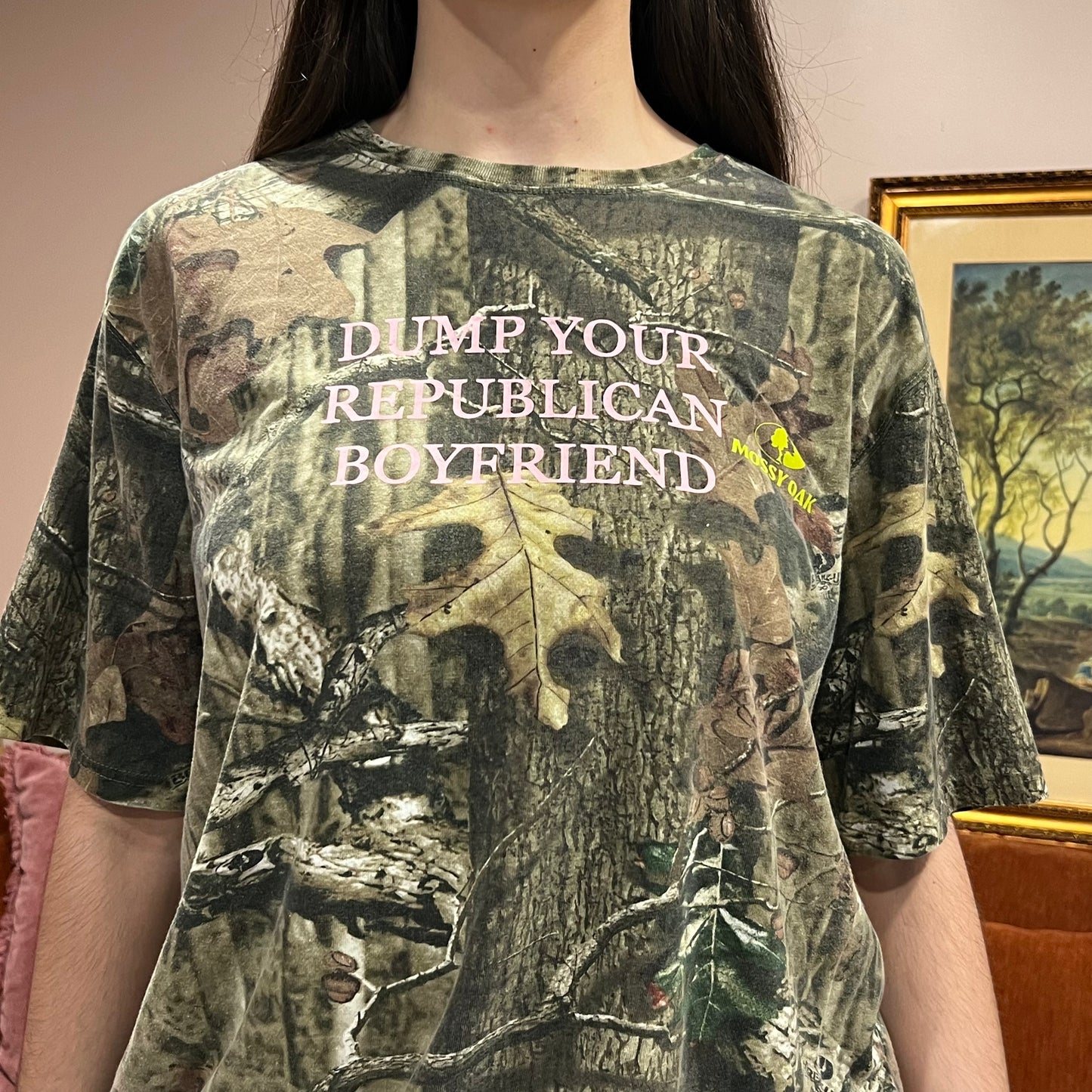 DUMP YOUR REPUBLICAN BOYFRIEND camo t-shirt with pink text (XL)