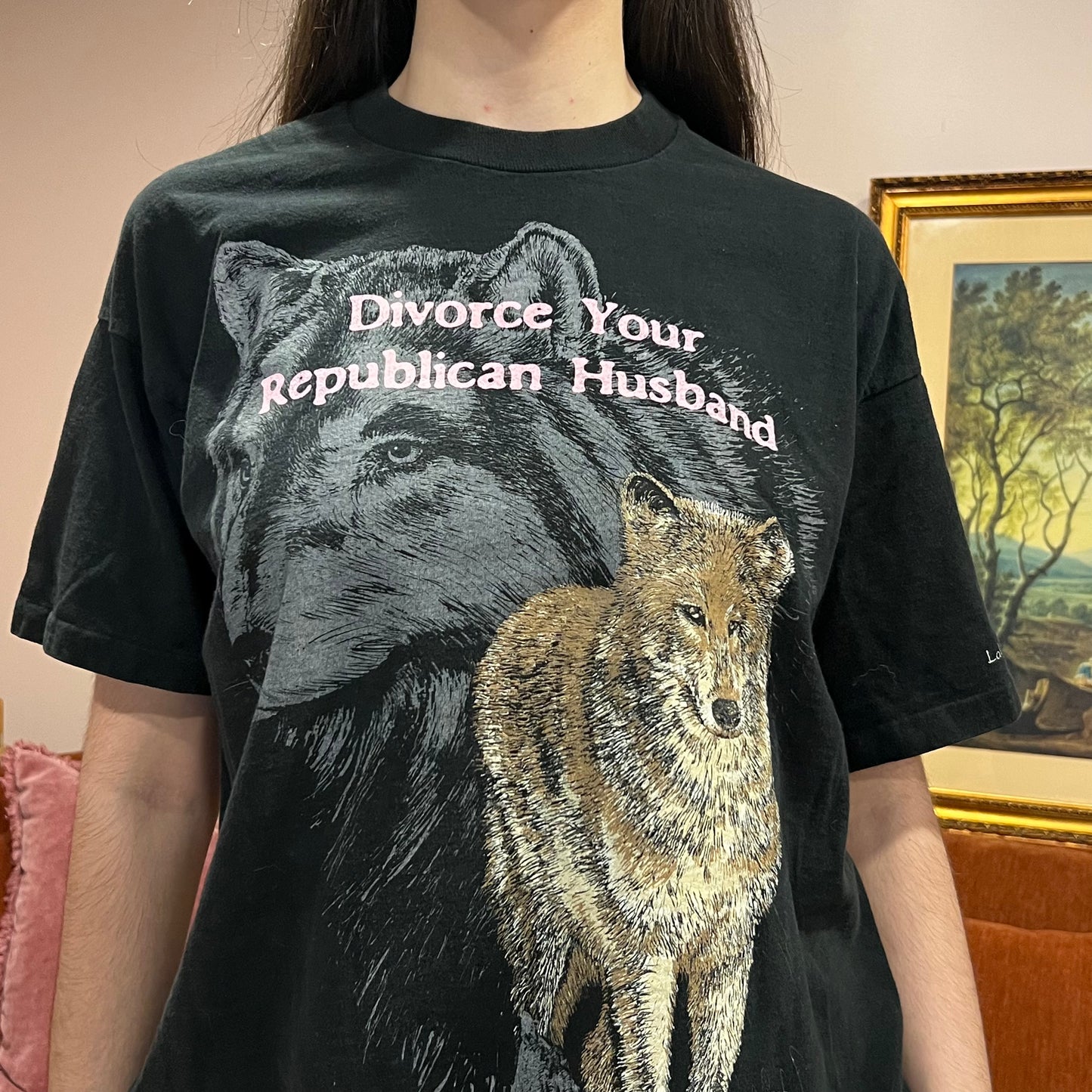 DIVORCE YOUR REPUBLICAN HUSBAND animal t-shirt with pink text (XL)
