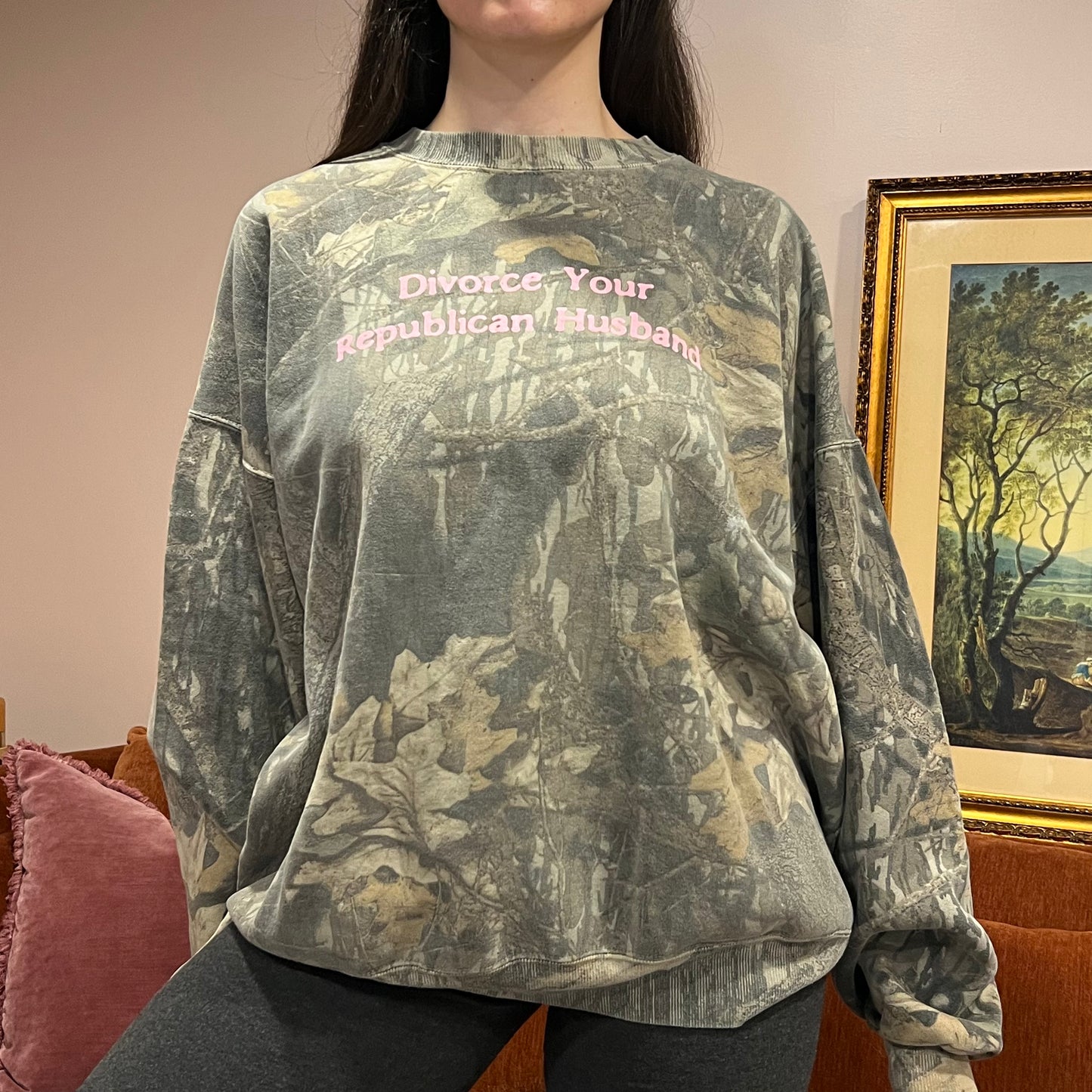 DIVORCE YOUR REPUBLICAN HUSBAND camo crewneck with pink text (2XL)