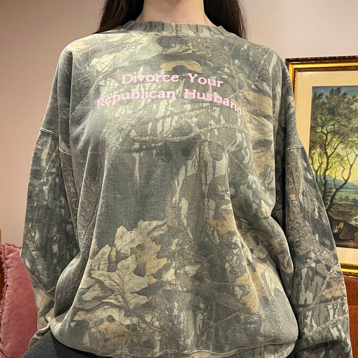 DIVORCE YOUR REPUBLICAN HUSBAND camo crewneck with pink text (2XL)