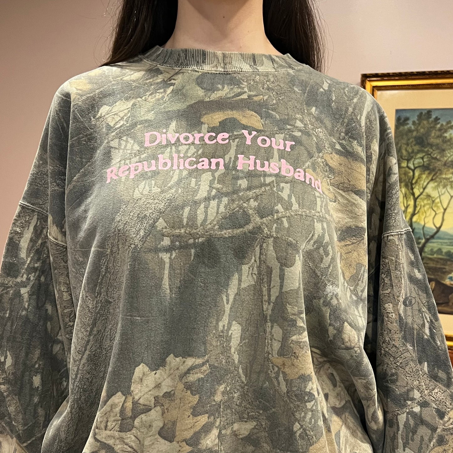 DIVORCE YOUR REPUBLICAN HUSBAND camo crewneck with pink text (2XL)