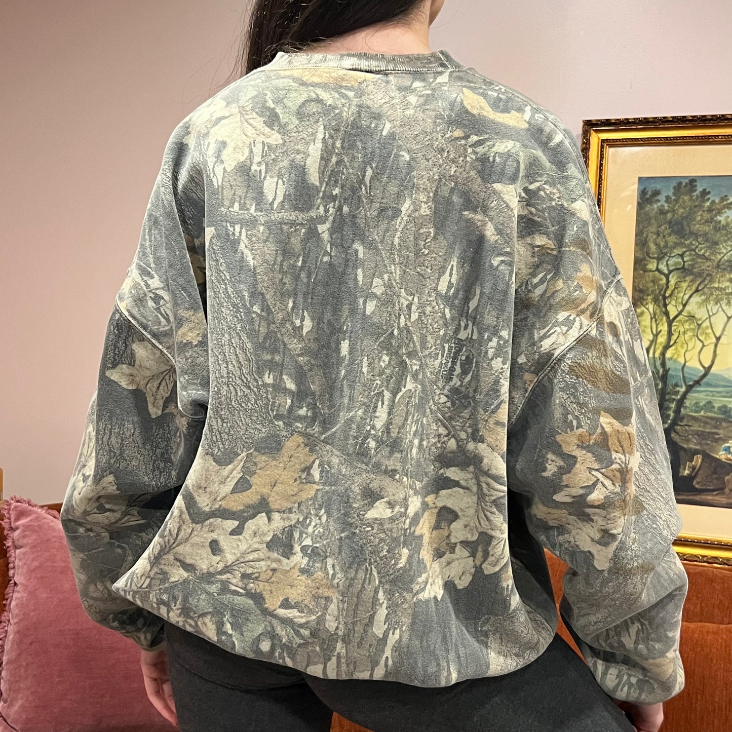 DIVORCE YOUR REPUBLICAN HUSBAND camo crewneck with pink text (2XL)