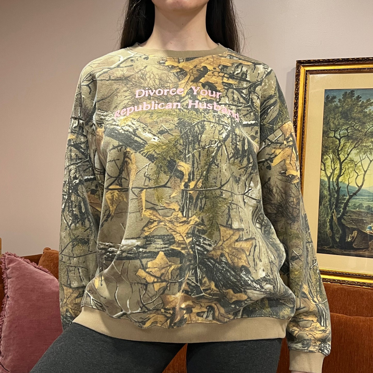DIVORCE YOUR REPUBLICAN HUSBAND camo crewneck with pink text (M)