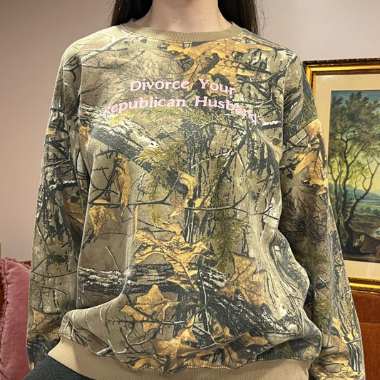 DIVORCE YOUR REPUBLICAN HUSBAND camo crewneck with pink text (M)