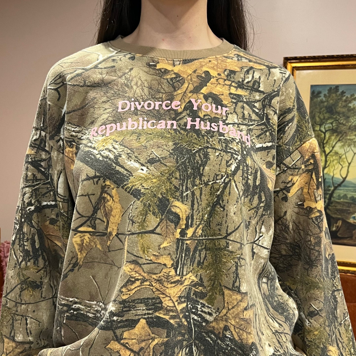 DIVORCE YOUR REPUBLICAN HUSBAND camo crewneck with pink text (M)