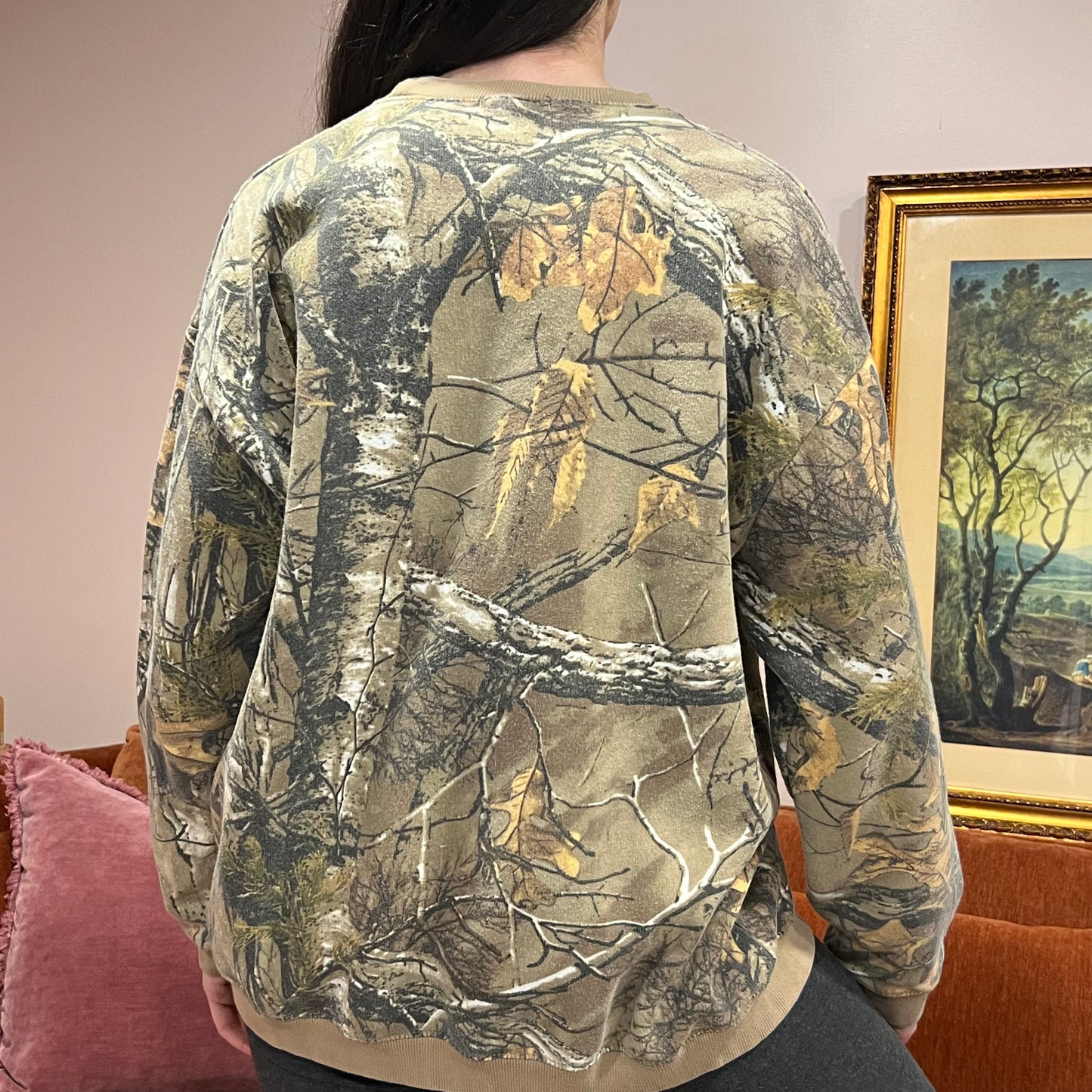 DIVORCE YOUR REPUBLICAN HUSBAND camo crewneck with pink text (M)