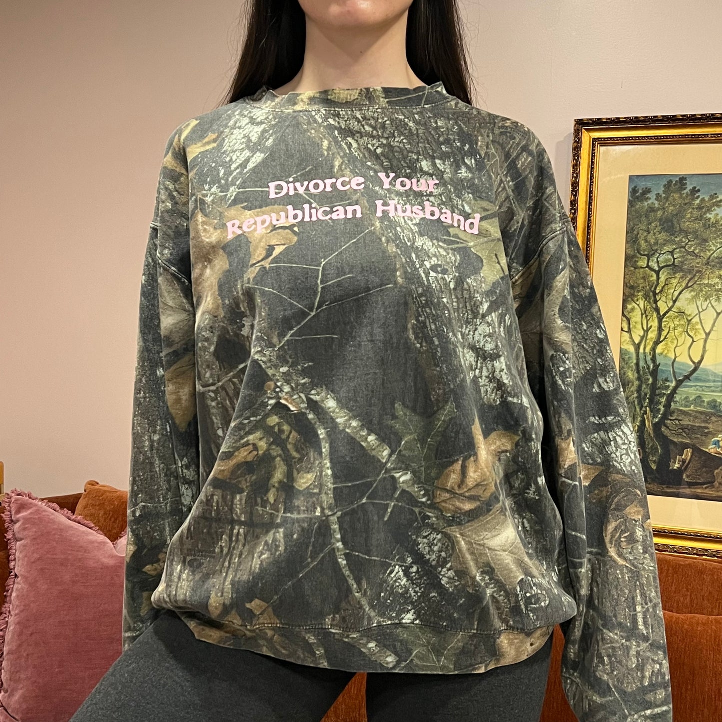 DIVORCE YOUR REPUBLICAN HUSBAND camo crewneck with pink text (2XL)