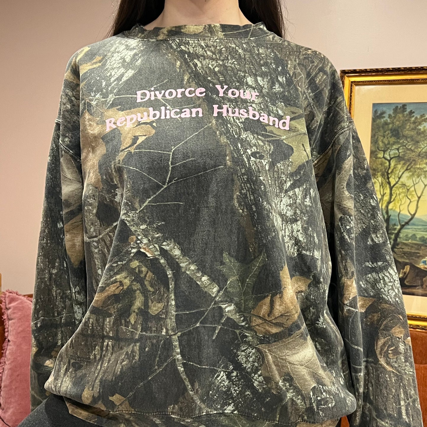 DIVORCE YOUR REPUBLICAN HUSBAND camo crewneck with pink text (2XL)