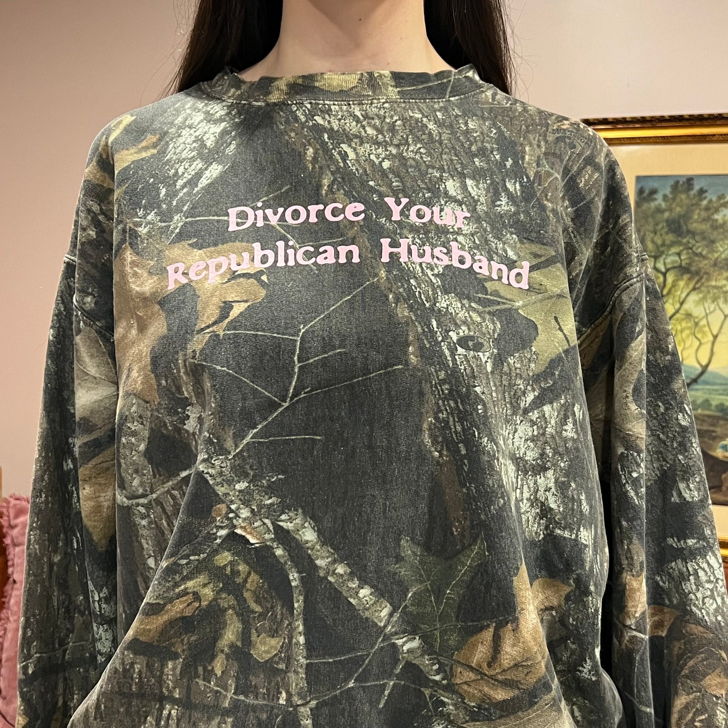 DIVORCE YOUR REPUBLICAN HUSBAND camo crewneck with pink text (2XL)