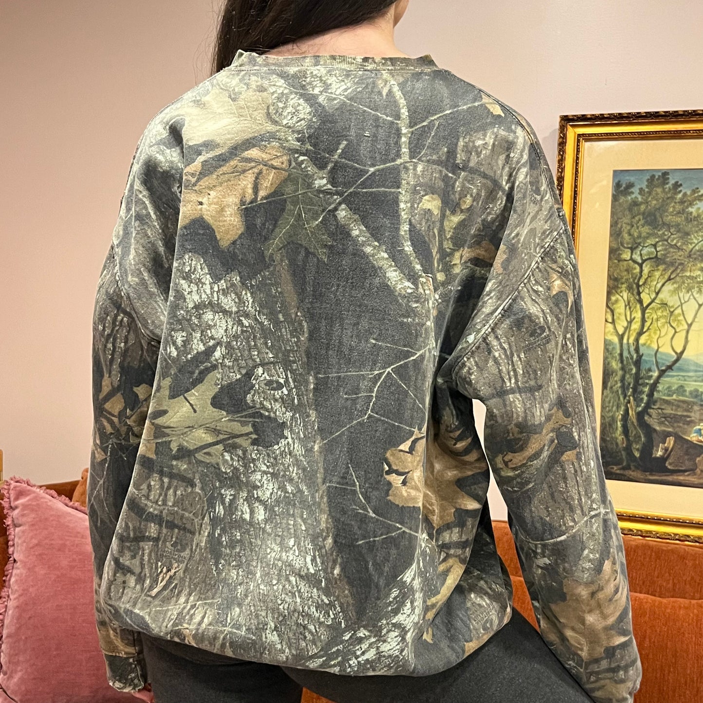 DIVORCE YOUR REPUBLICAN HUSBAND camo crewneck with pink text (2XL)