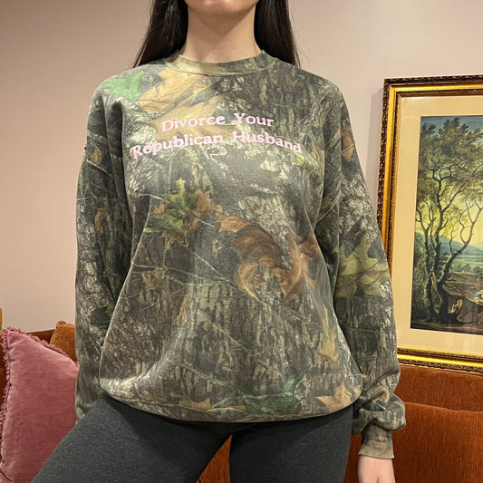 DIVORCE YOUR REPUBLICAN HUSBAND camo crewneck with pink text (XL)