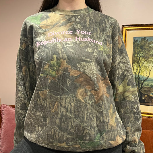 DIVORCE YOUR REPUBLICAN HUSBAND camo crewneck with pink text (XL)