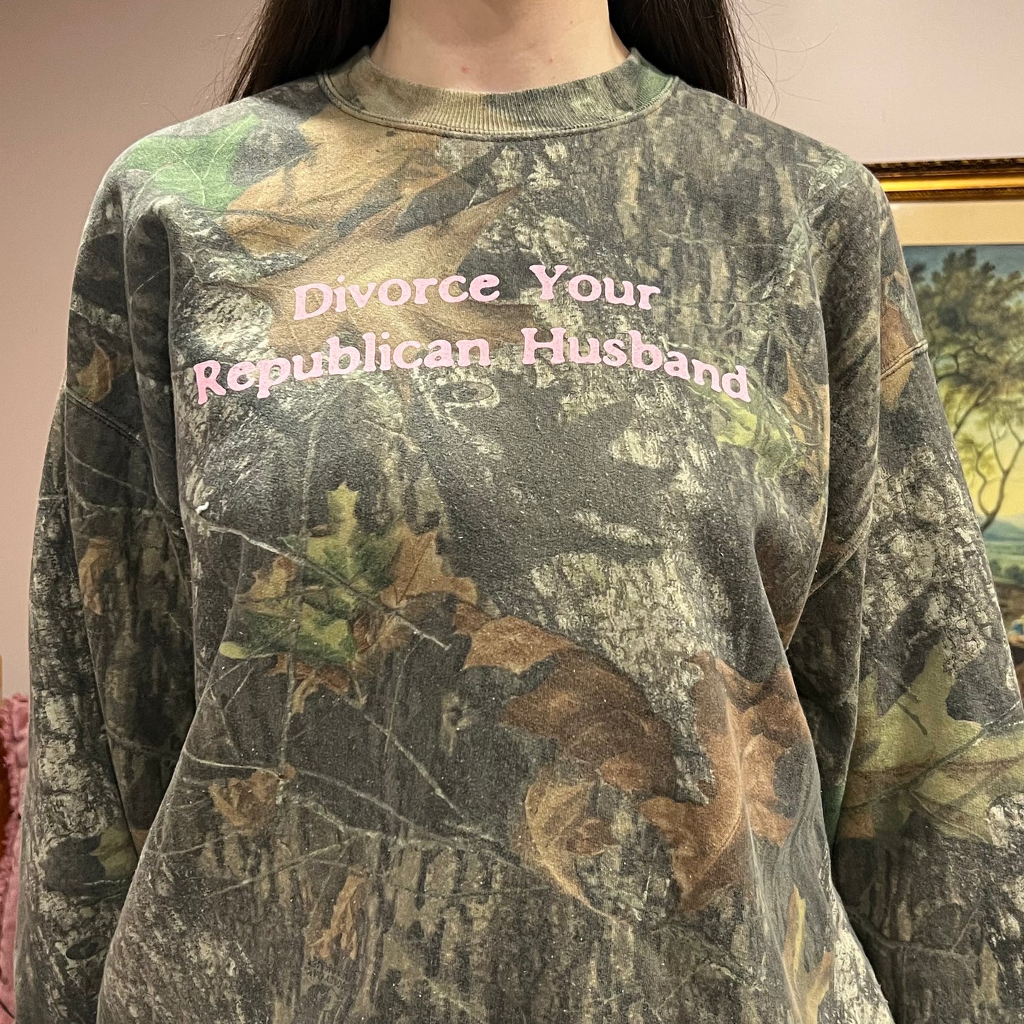 DIVORCE YOUR REPUBLICAN HUSBAND camo crewneck with pink text (XL)
