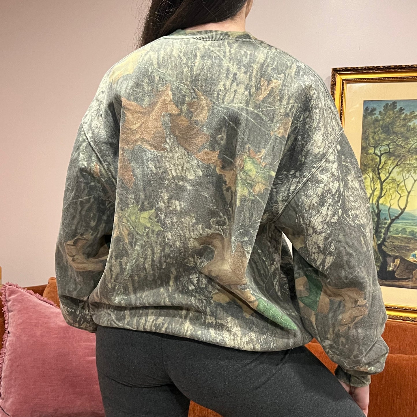 DIVORCE YOUR REPUBLICAN HUSBAND camo crewneck with pink text (XL)