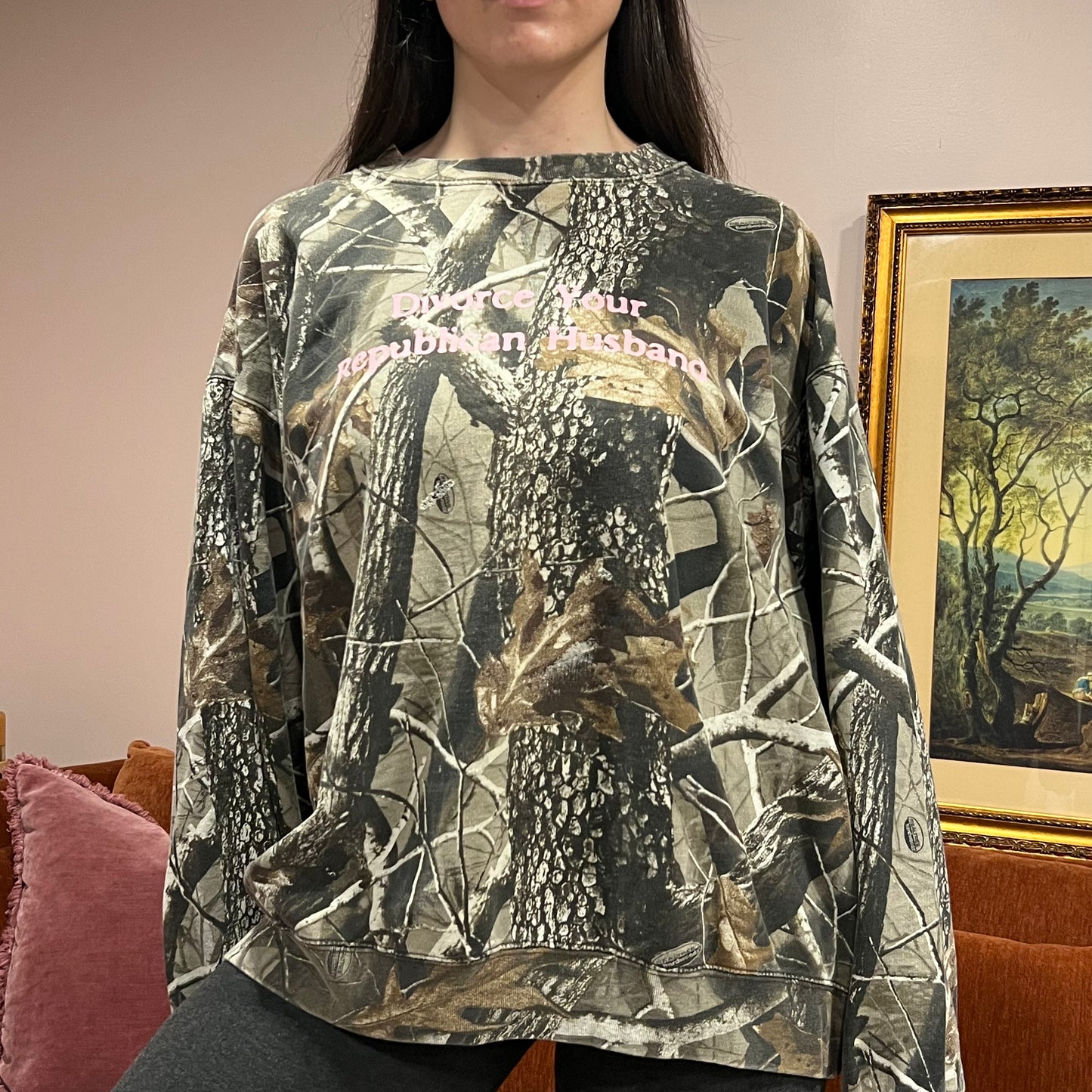 DIVORCE YOUR REPUBLICAN HUSBAND camo crewneck with pink text (2XL)