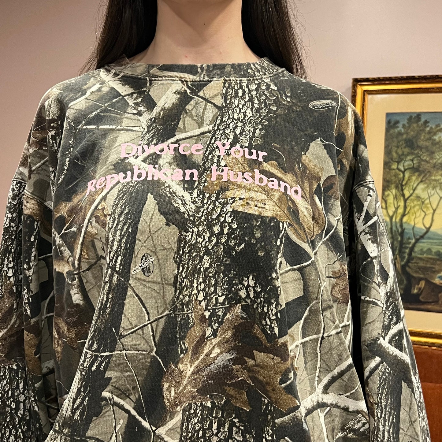 DIVORCE YOUR REPUBLICAN HUSBAND camo crewneck with pink text (2XL)