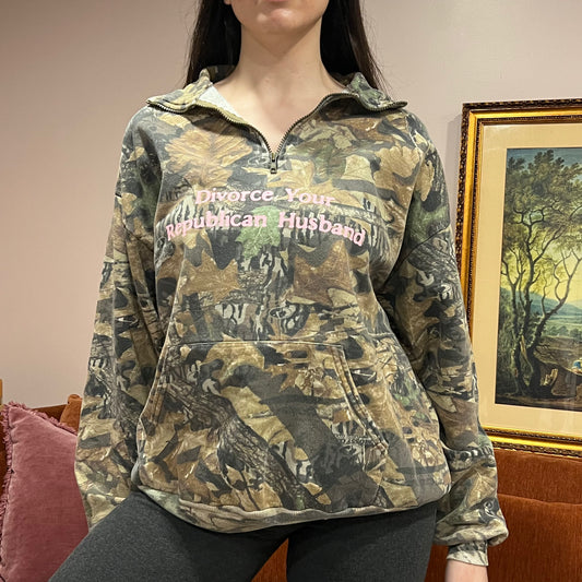 DIVORCE YOUR REPUBLICAN HUSBAND camo zip-up with pink text (XL)