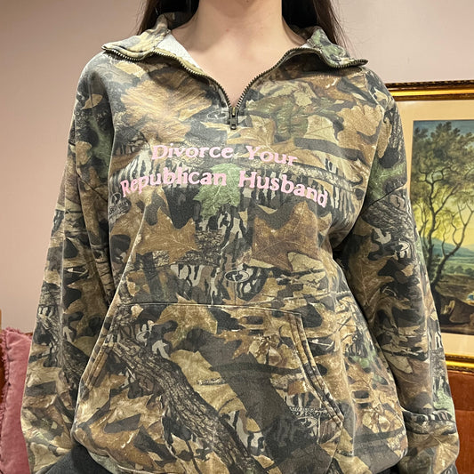 DIVORCE YOUR REPUBLICAN HUSBAND camo zip-up with pink text (XL)