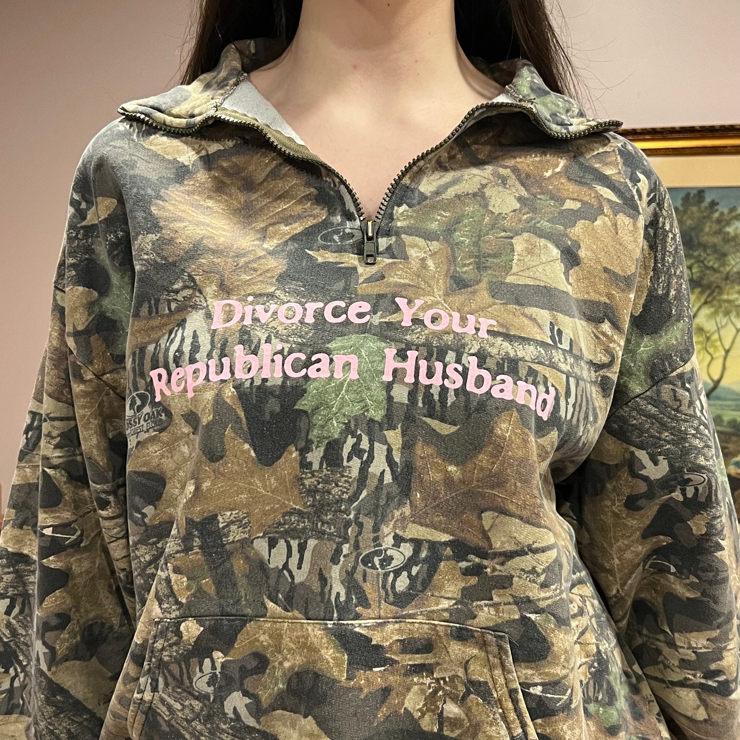 DIVORCE YOUR REPUBLICAN HUSBAND camo zip-up with pink text (XL)