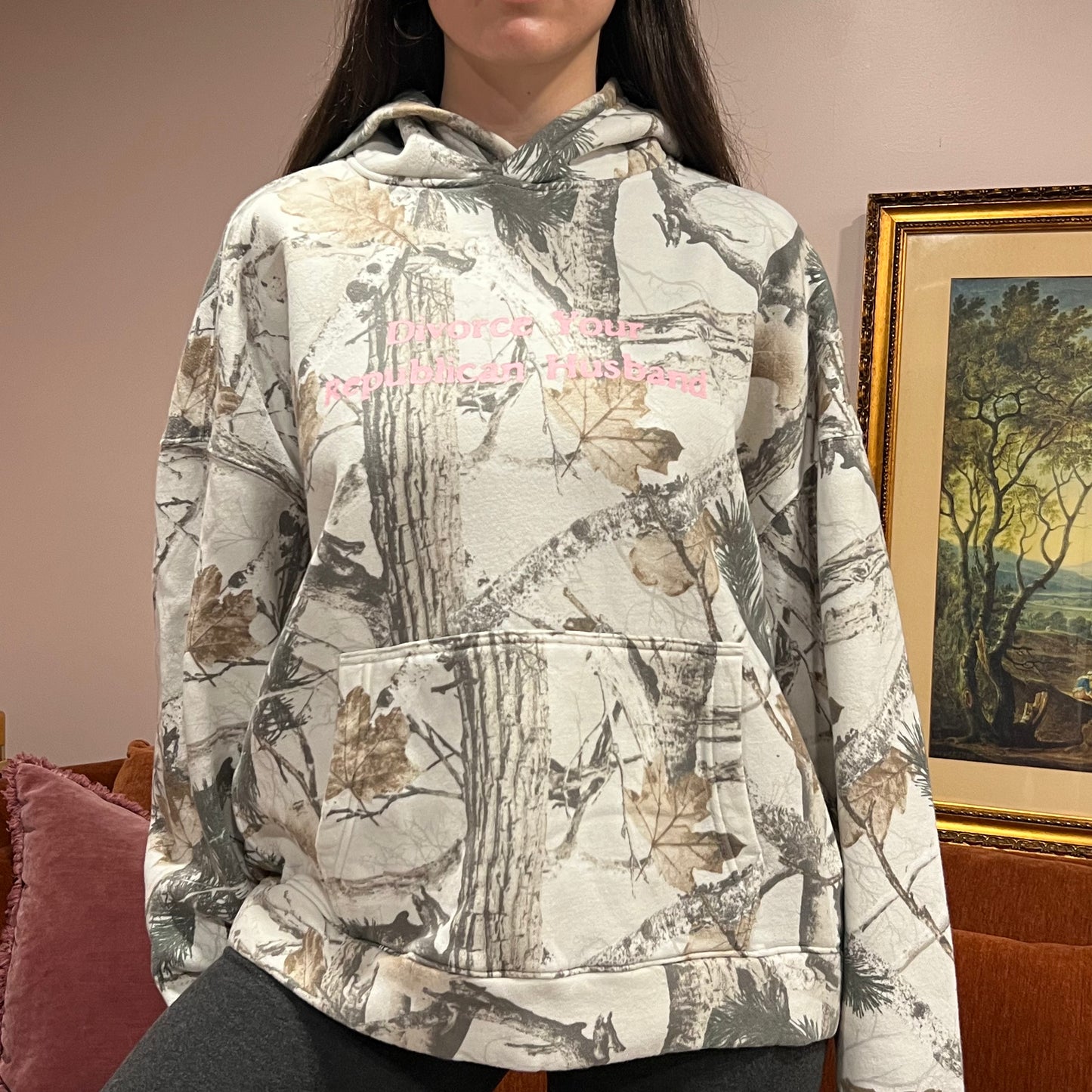 DIVORCE YOUR REPUBLICAN HUSBAND white camo hoodie with pink text (XL)
