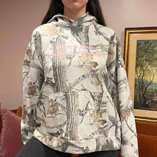 DIVORCE YOUR REPUBLICAN HUSBAND white camo hoodie with pink text (XL)