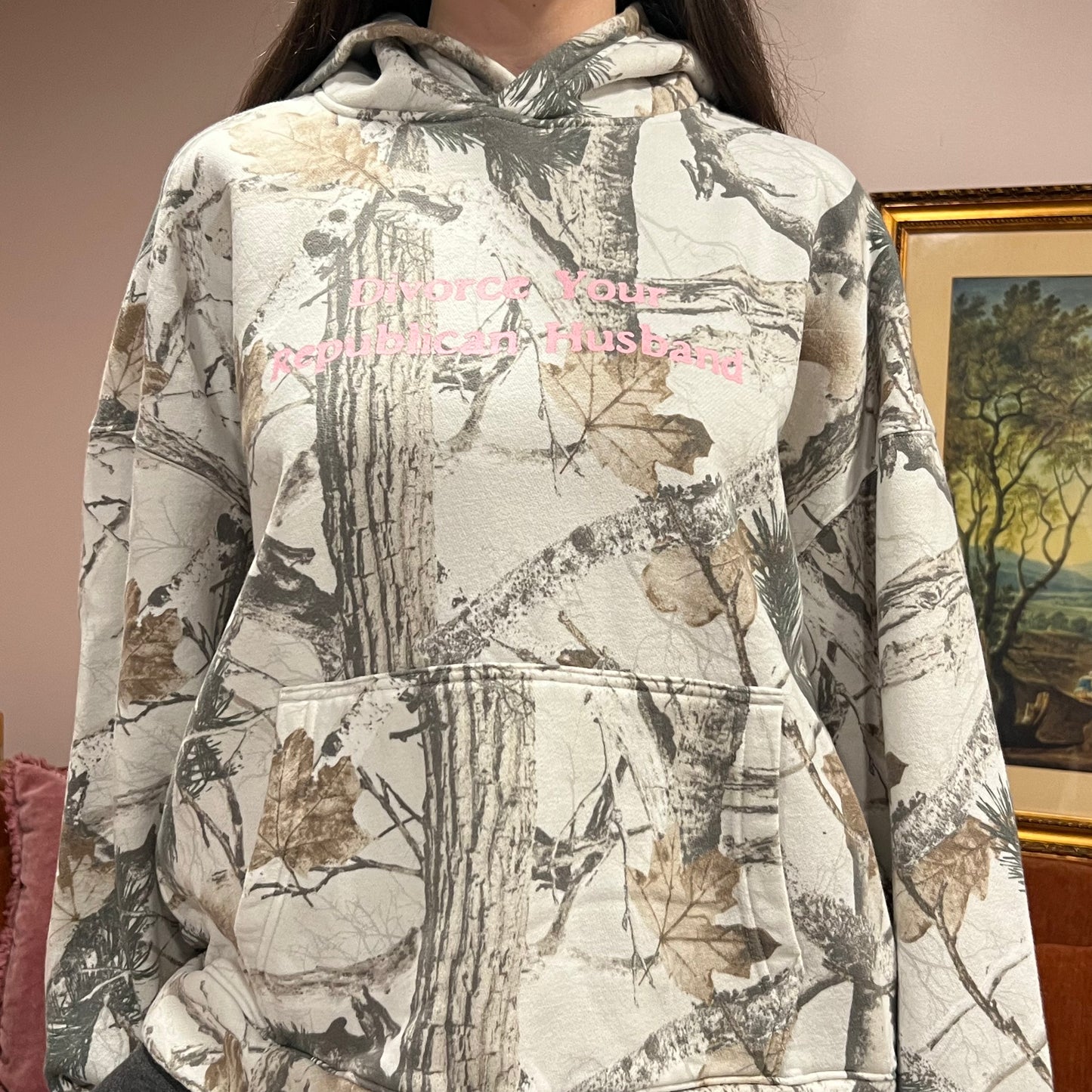 DIVORCE YOUR REPUBLICAN HUSBAND white camo hoodie with pink text (XL)