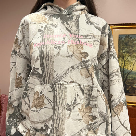 DIVORCE YOUR REPUBLICAN HUSBAND white camo hoodie with pink text (XL)