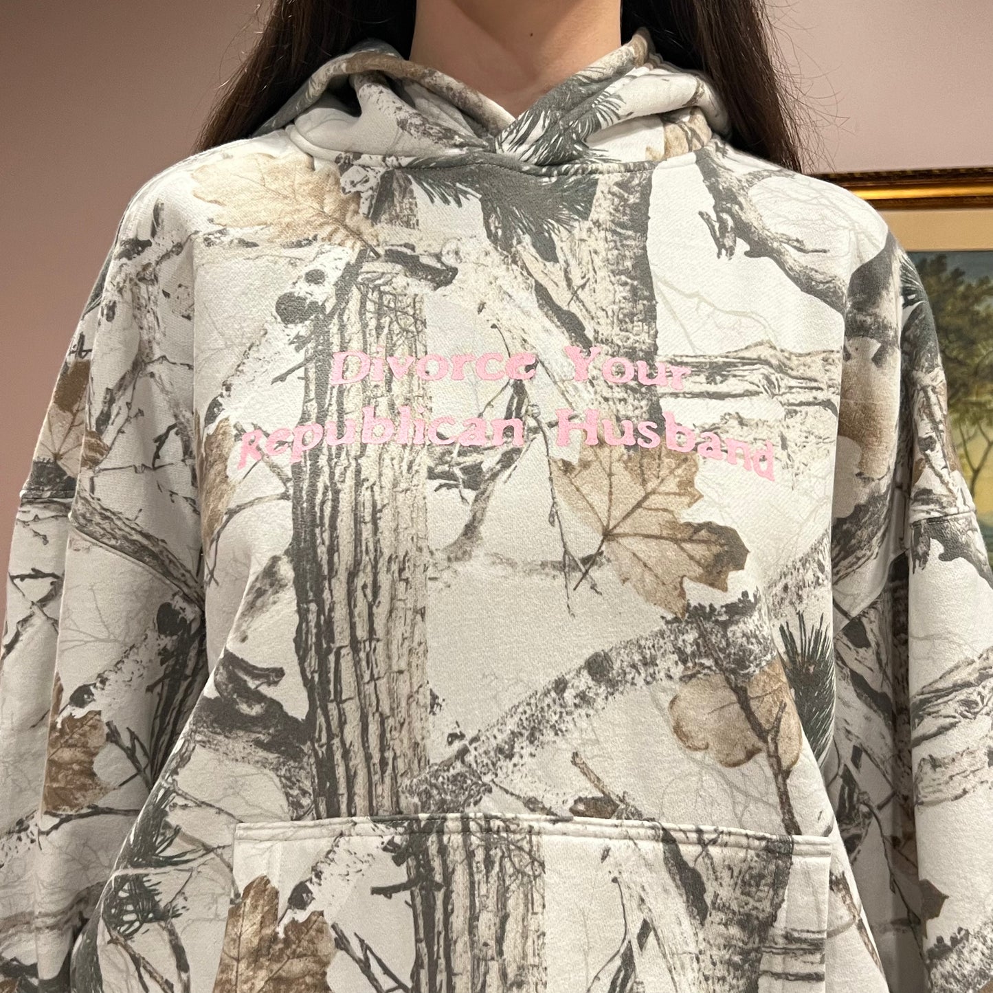 DIVORCE YOUR REPUBLICAN HUSBAND white camo hoodie with pink text (XL)