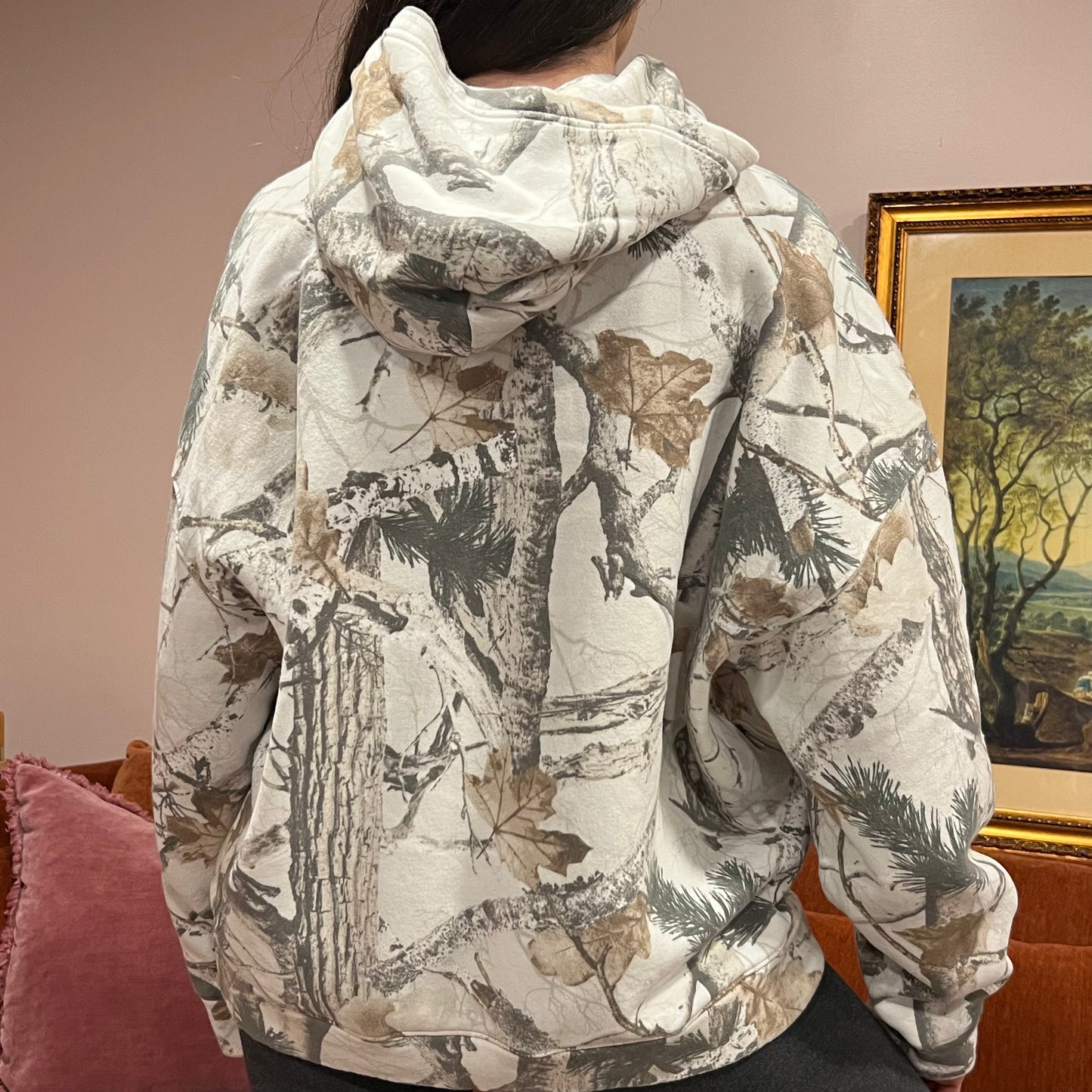 DIVORCE YOUR REPUBLICAN HUSBAND white camo hoodie with pink text (XL)