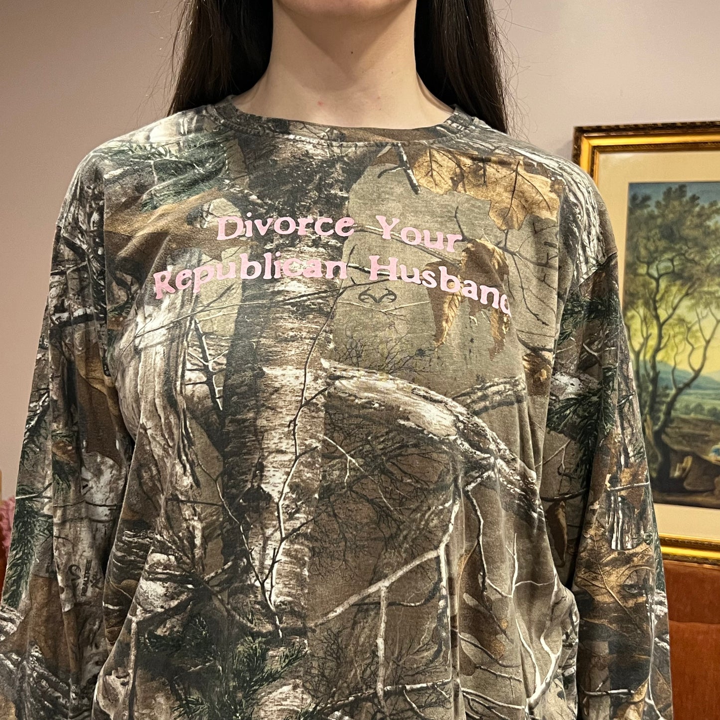 DIVORCE YOUR REPUBLICAN HUSBAND camo long sleeve t-shirt with pink text (L)