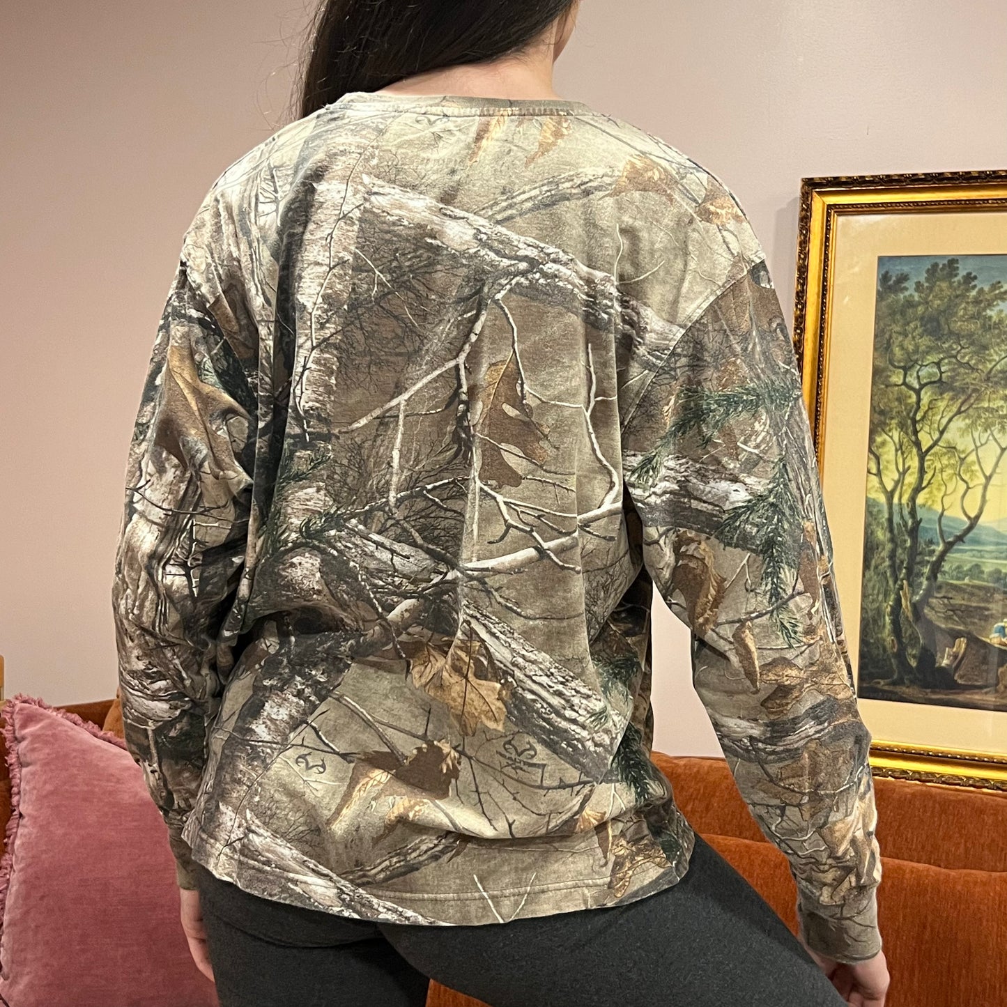 DIVORCE YOUR REPUBLICAN HUSBAND camo long sleeve t-shirt with pink text (L)