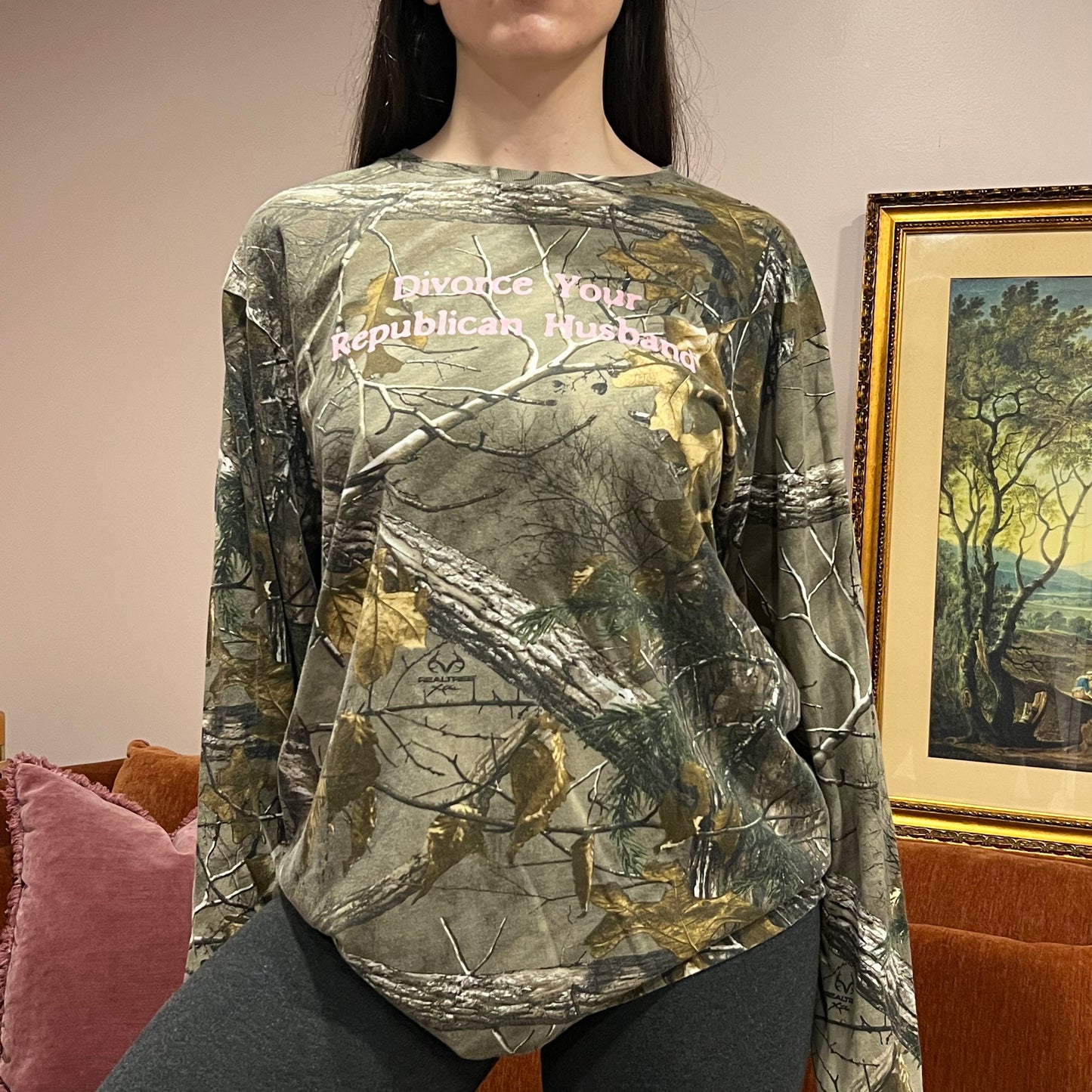 DIVORCE YOUR REPUBLICAN HUSBAND camo long sleeve t-shirt with pink text (L)