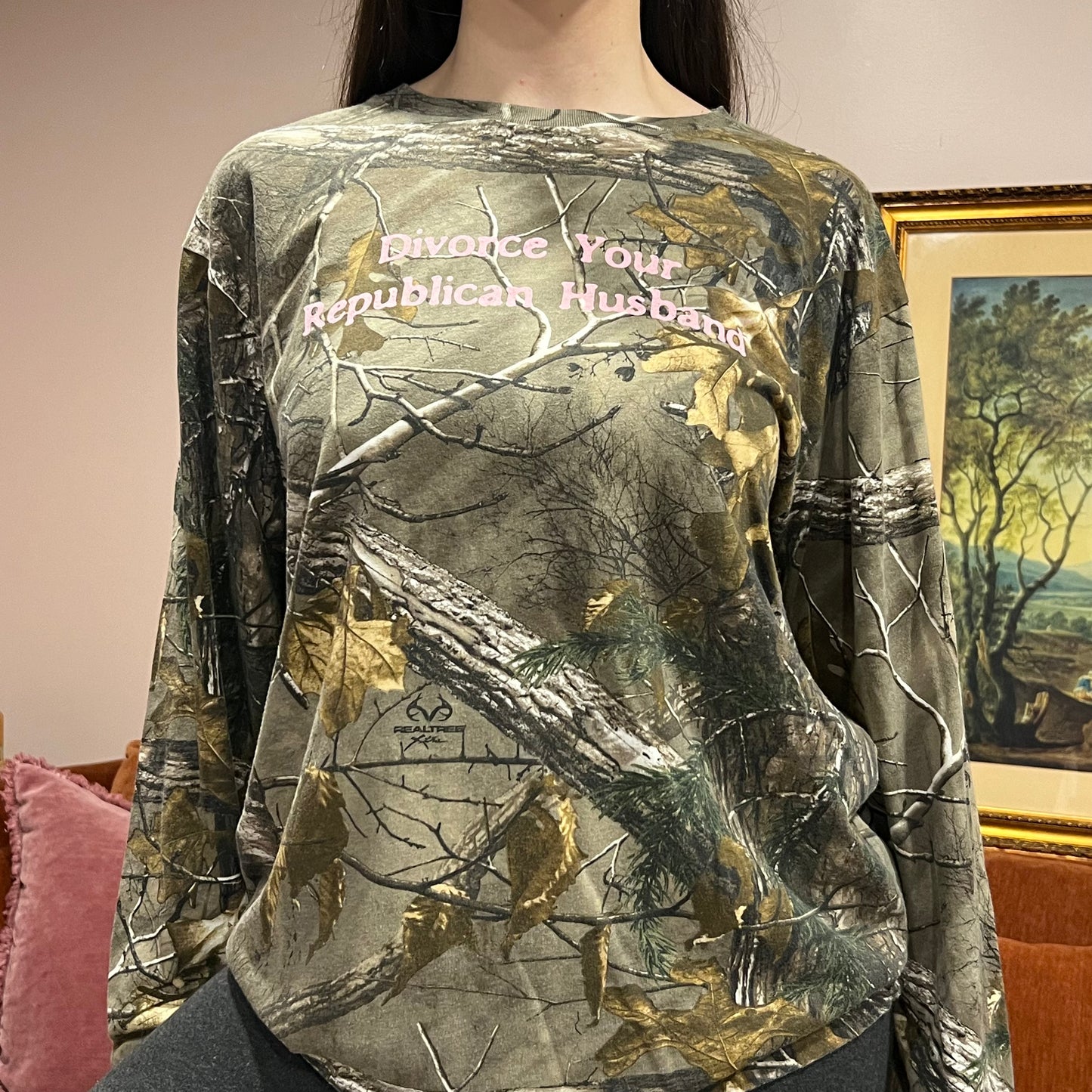 DIVORCE YOUR REPUBLICAN HUSBAND camo long sleeve t-shirt with pink text (L)