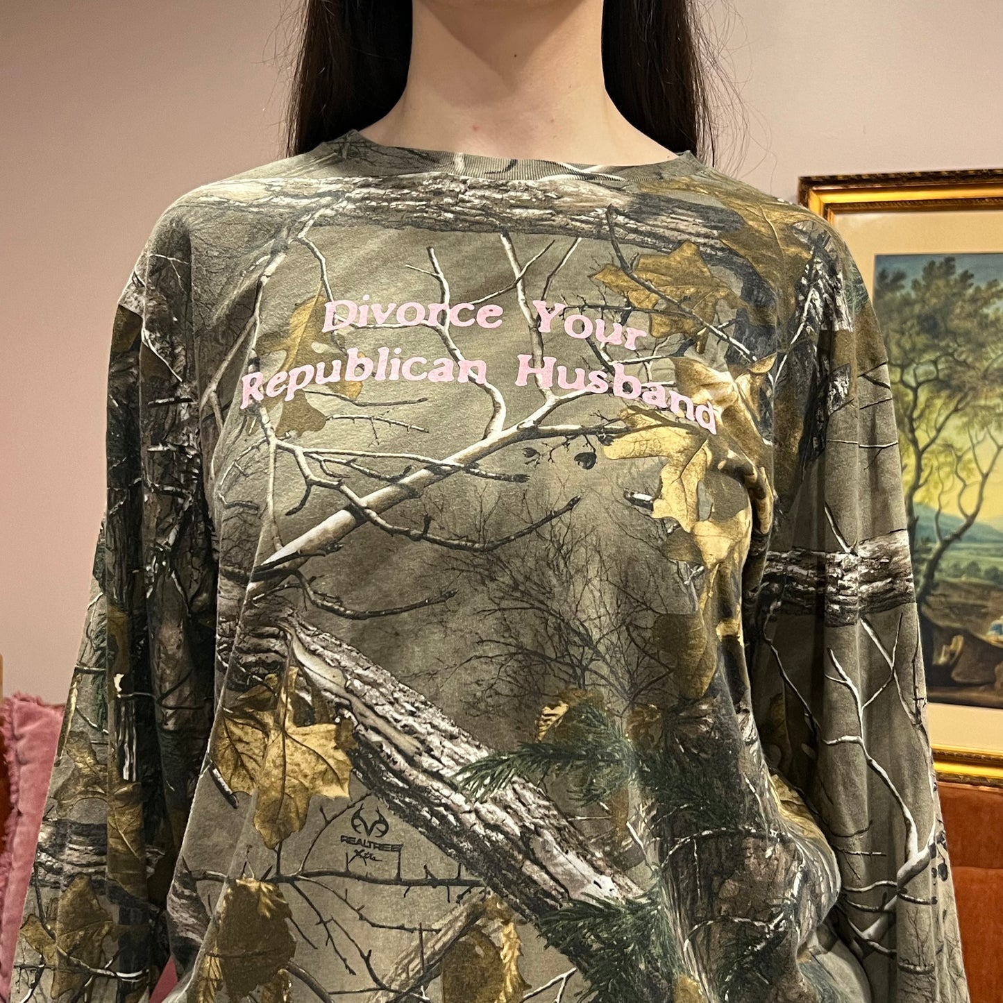 DIVORCE YOUR REPUBLICAN HUSBAND camo long sleeve t-shirt with pink text (L)