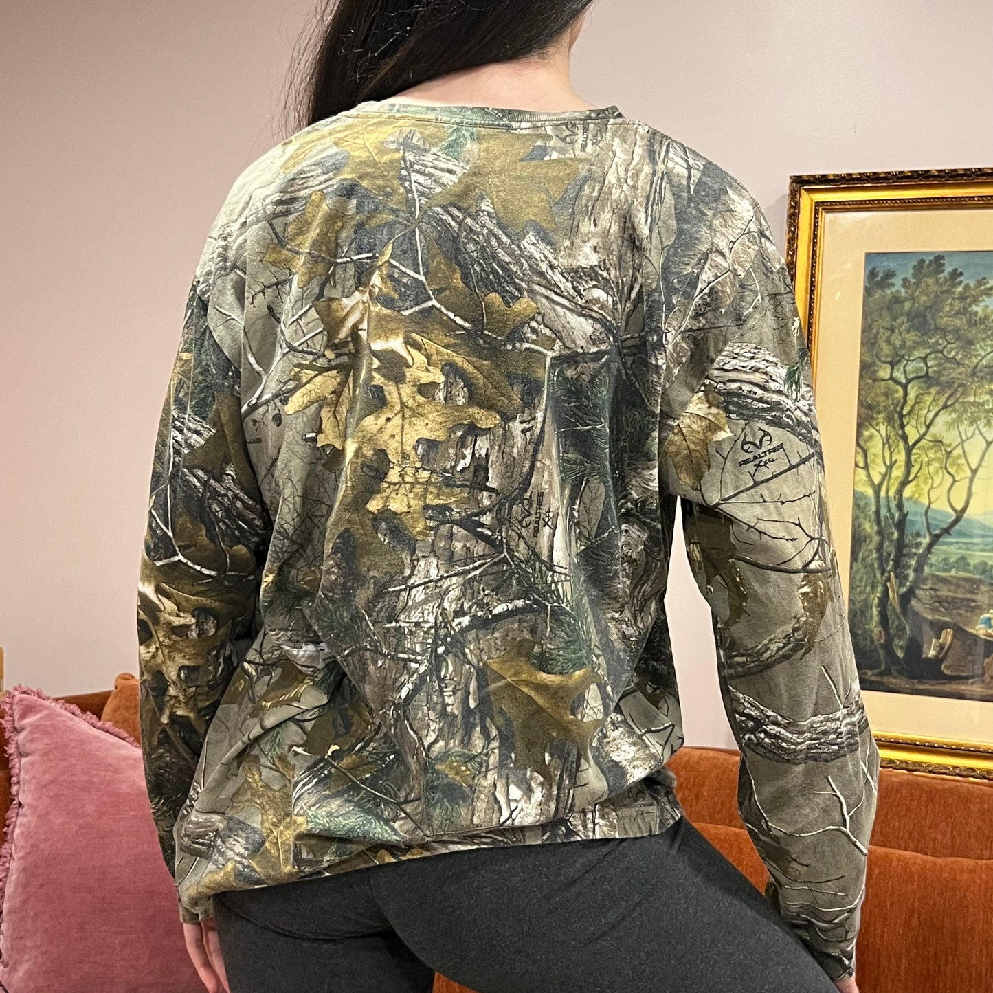 DIVORCE YOUR REPUBLICAN HUSBAND camo long sleeve t-shirt with pink text (L)